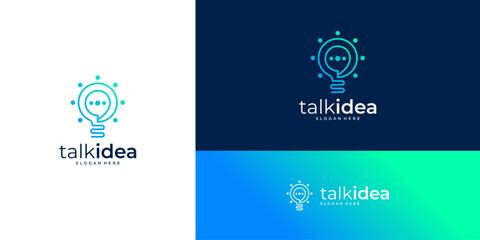 Speech bubble with light bulb logo design ideas. Abstract vector lines communication based icon template.