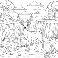 Graceful Cartoon Deer on Rocky Canyon Trail — Kids Wildlife Coloring Page in Forest Landscape, Black and White Animal Line Art