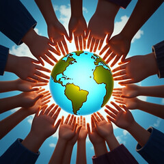 Hands encircling the Earth, representing global unity, environmental protection, and international collaboration for a better future, inspiring hope