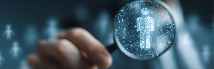 Closeup futuristic tech graphic design. Magnifying glass focuses on person icon. Digital network map shows possible new employee customer. Blue background opportunity. Concept for recruitment sales.