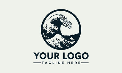 Stylized wave cresting inside a circle, with space for a logo and tagline below.