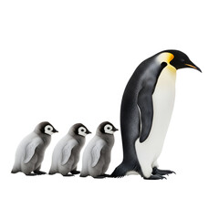 Obraz premium A majestic adult emperor penguin stands proudly with three adorable fluffy chicks following closely behind png isolated on transparent background