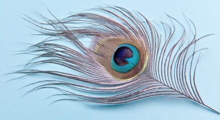 Obraz premium A peacock feather on a pastel blue background