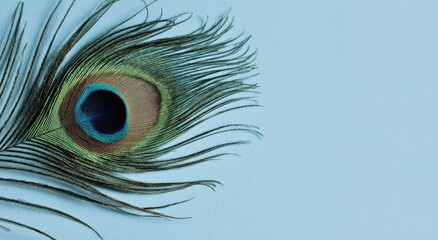Obraz premium Peacock feather on light blue background