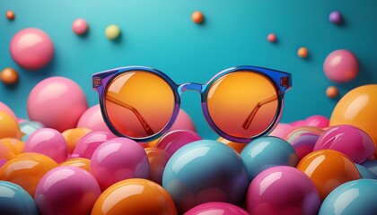 sunglasses on colorful balls and pastel background for summer fun vacation fashion party playful scene