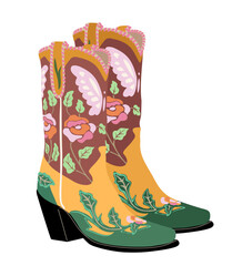 Flat vector illustration of a colorful pair of cowboy boots in yellow and green with floral patterns, butterflies, and Wild West charm. Isolated on transparent background. Western and whimsical style