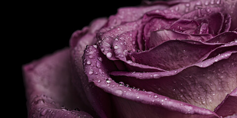 Romantic Rose: An intimate close-up showcases a velvety, purple rose adorned with glistening water droplets, capturing the delicate beauty and ephemeral nature of a classic bloom.