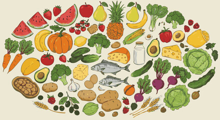 Abundant Mixed Fruits and Vegetables Seamless Pattern