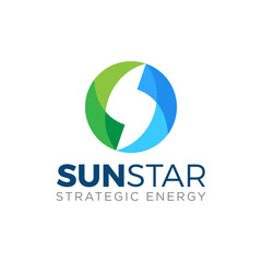 Modern geometric logo for energy business with negative space “S”, overlapping globe shapes, and blue-green color, representing trust, strategy, and environmental innovation.
