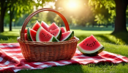 sunlit picnic scene with a wicker basket overflowing with juicy watermelon slices on a red and white checkered blanket in a verdant park