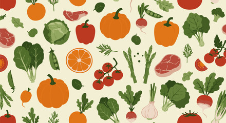 Fresh Fruits and Berries Seamless Pattern on Orange Background
