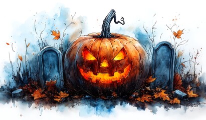 Glowing Jack O Lantern with Tombstones and Autumn Leaves Watercolor halloween pumpkin