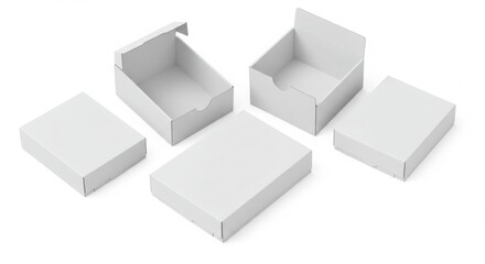 Several white cardboard boxes arranged isolated on white background