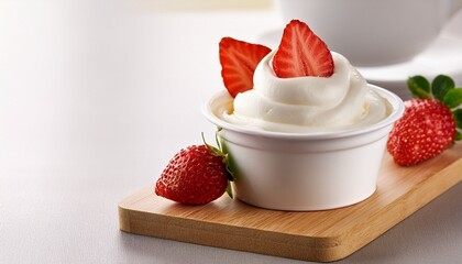 cup of soft serve vanilla ice cream with strawber