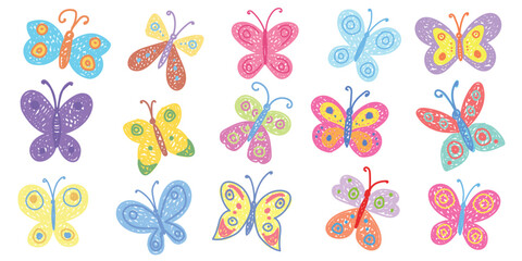 Playful hand-drawn colorful butterflies in vibrant doodle style, perfect for creative design, spring vibes, kids artwork, whimsical decor, boho trend, joyful nature and colorful abstract illustration.