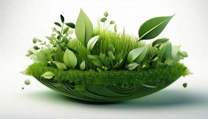 green earth growth concept with 3d grass and leaves isolated on white symbol