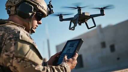 Soldier operating a drone with a tablet in a military environment during a training exercise