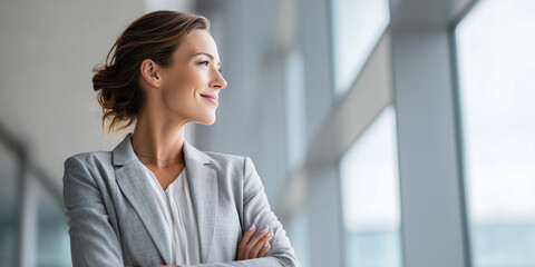 Confident businesswoman in a gray suit stands by the window, smiling and looking outside