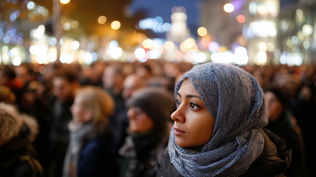 Young islamic woman in a blue hijab stands thoughtfully in a large crowd during a night event in the city