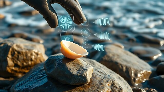 Futuristic analysis of seashell on rocky beach with glowing digital interface overlay, modern technology