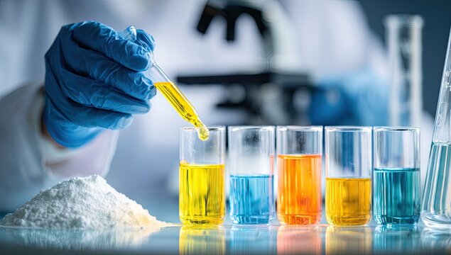 Scientist pouring liquid into test tubes