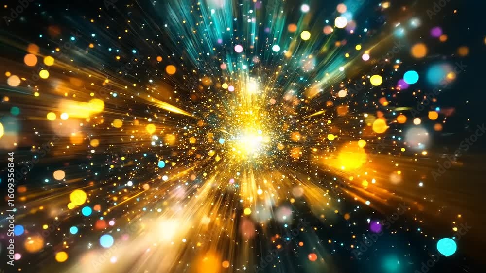 Poster vibrant explosion of colorful lights and particles radiating from a central point in a dark backgrou
