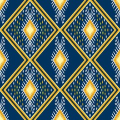Ikat seamless pattern yellow and blue background  design for carpet,curtain,clothing,fabric,wrapping paper,tiles,textiles,batik,texture and wallpaper.