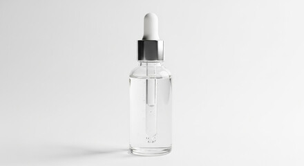 A clear glass dropper bottle with cosmetic serum or essential oil on a white background.