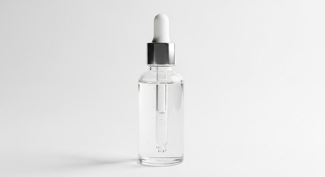 A clear glass dropper bottle with cosmetic serum or essential oil on a white background. - Powered by Adobe