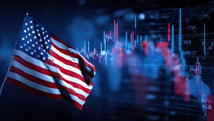 American flag waving over financial data