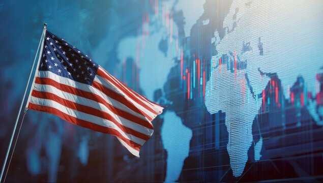 American flag against a backdrop of global financial data