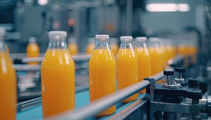 Orange juice bottles on a conveyor belt in a factory