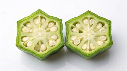 Close up of okra cut in half showcasing seeds and healthy green vegetable