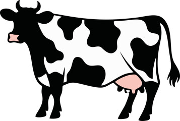 A black and white silhouette of a cow with distinctive spots, standing in profile against a light gray background.