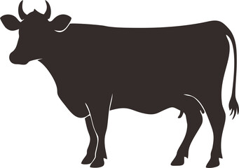 A black and white silhouette of a cow with distinctive spots, standing in profile against a light gray background.