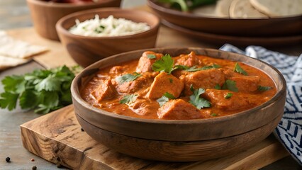 Delicious indian butter chicken served in a rustic wooden bowl with fresh cilantro garnish