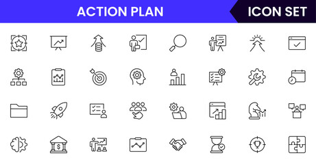 Action plan vector line icons featuring checklists, strategies, timelines, goals, tasks, progress tracking, decision making, teamwork, and project steps.