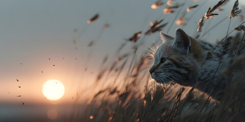 Obraz premium Sunrise Cat Contemplation: A serene cat, nestled within a field of tall grass, gazes upon the sun as it rises, creating a moment of peaceful contemplation and natural beauty.