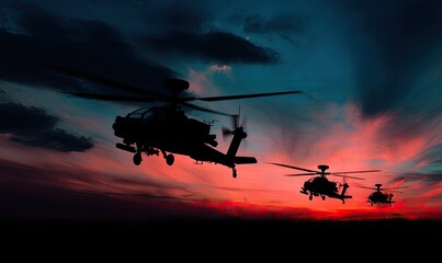 Silhouetted helicopters at sunset (2)