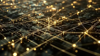 Abstract digital network with glowing connections and nodes representing data flow in a futuristic cityscape - Powered by Adobe