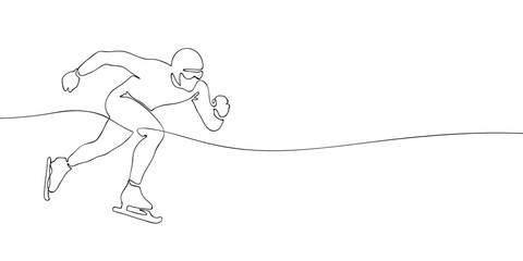 Speed skater in racing posture drawn in single continuous line. Minimalist vector illustration isolated on white background. Winter sports and games concept for design and print.