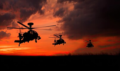 Military helicopters silhouetted against a fiery sunset
