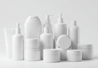 Collection of white cosmetic bottles and jars isolated on white background