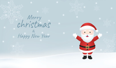 Merry Christmas and Happy New Year. Santa claus and snowflake on light gray background