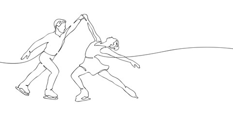 Pair of figure skaters performing dance pose drawn in single continuous line. Minimalist vector illustration on white background. Winter sports and Olympic games concept for design and print.