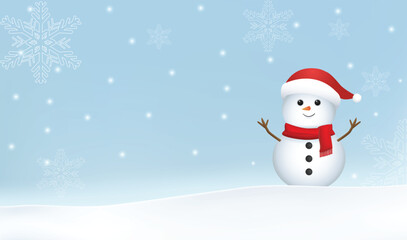 Merry Christmas and Happy New Year. Snowman and snowflake on light gray background