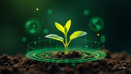 A vibrant seedling emerges from fertile soil, encircled by digital rings, representing technological advancement