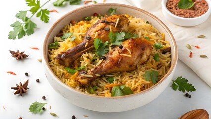 Delicious chicken biryani served in a bowl with fresh herbs and spices