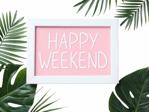 Happy Weekend pink sign with tropical leaves, vacation & relaxation