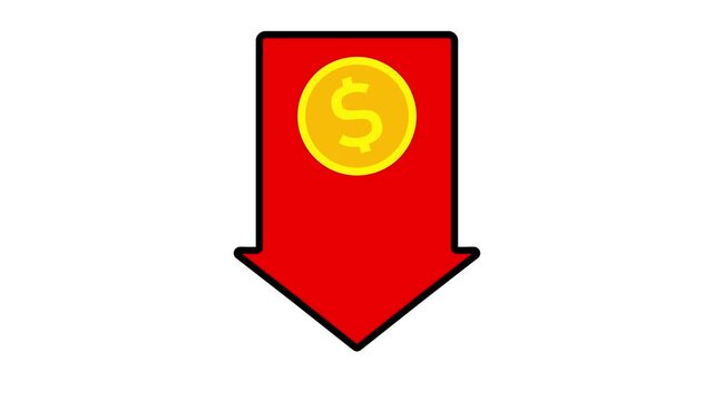 Declining cost animation for business financial trends. Downward arrow symbol with dollar coin.